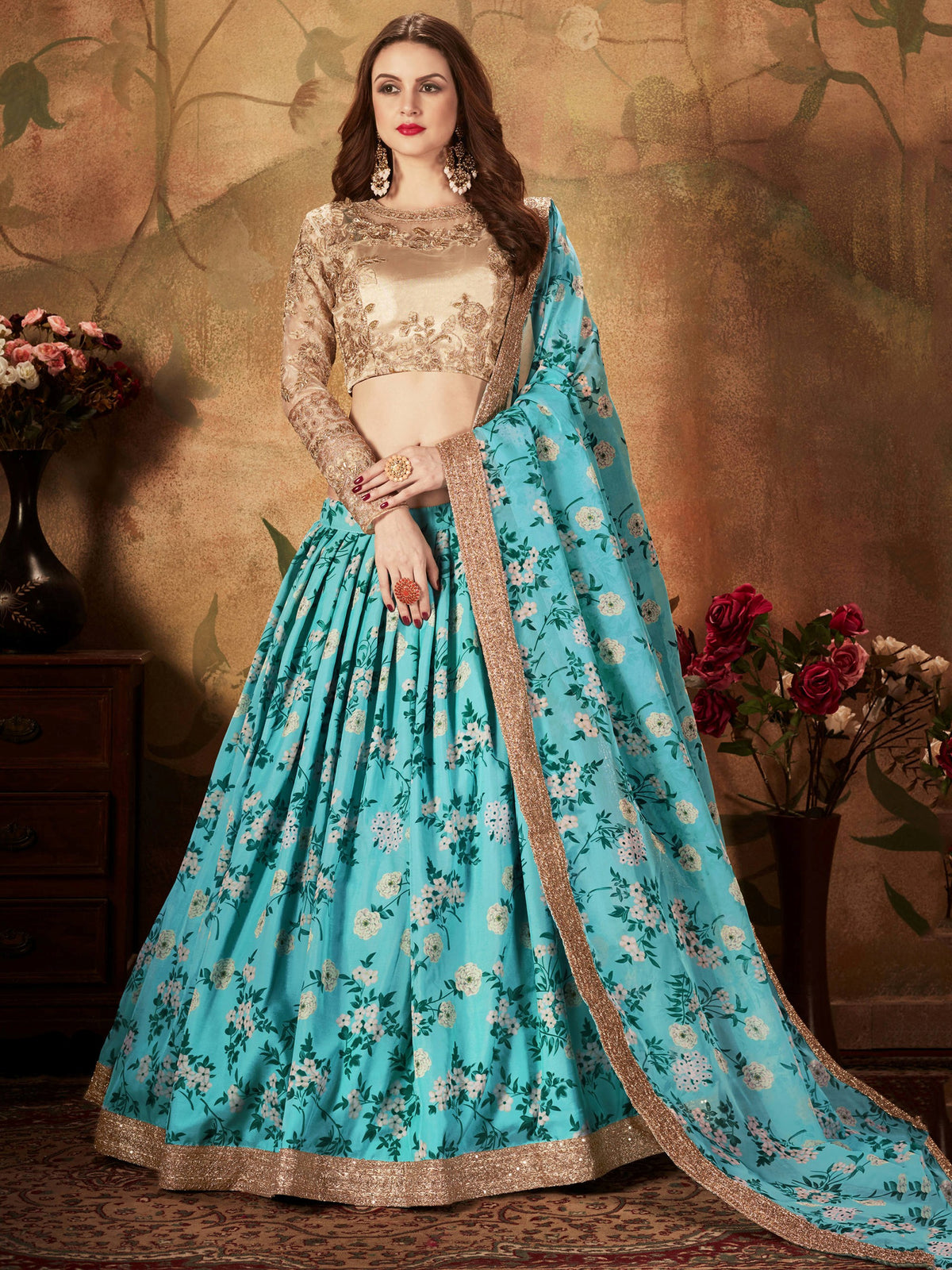 Precious Blue Printed Organza Wedding Wear Plus Size Lehenga Choli