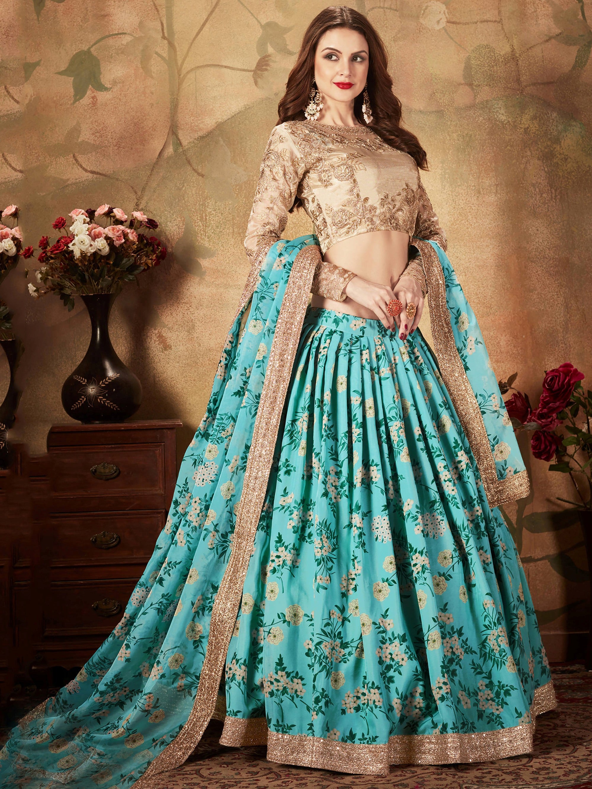 Precious Blue Printed Organza Wedding Wear Plus Size Lehenga Choli