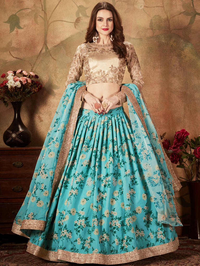 Precious Blue Printed Organza Wedding Wear Plus Size Lehenga Choli