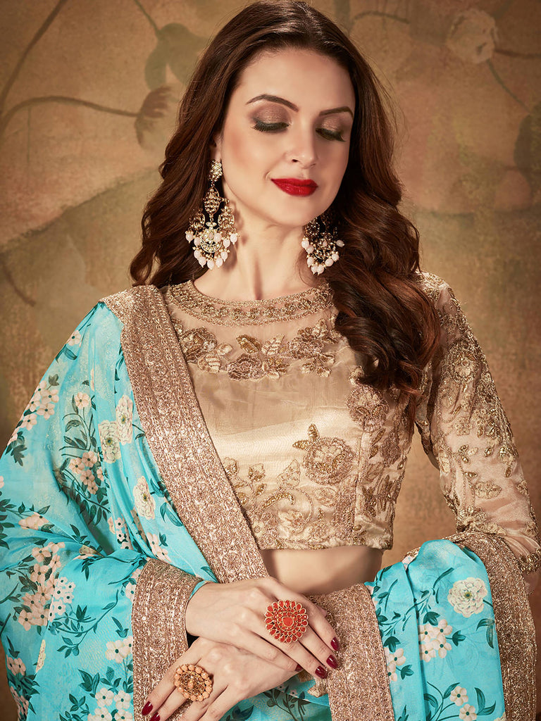 Precious Blue Printed Organza Wedding Wear Plus Size Lehenga Choli