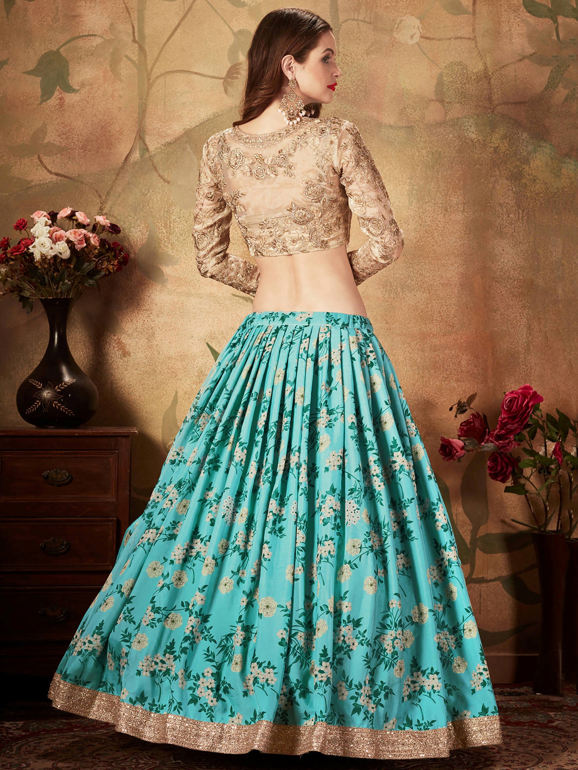 Precious Blue Printed Organza Wedding Wear Plus Size Lehenga Choli