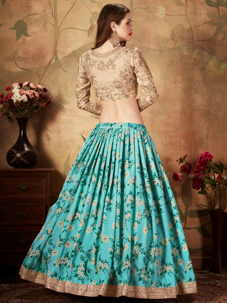 Precious Blue Printed Organza Wedding Wear Plus Size Lehenga Choli