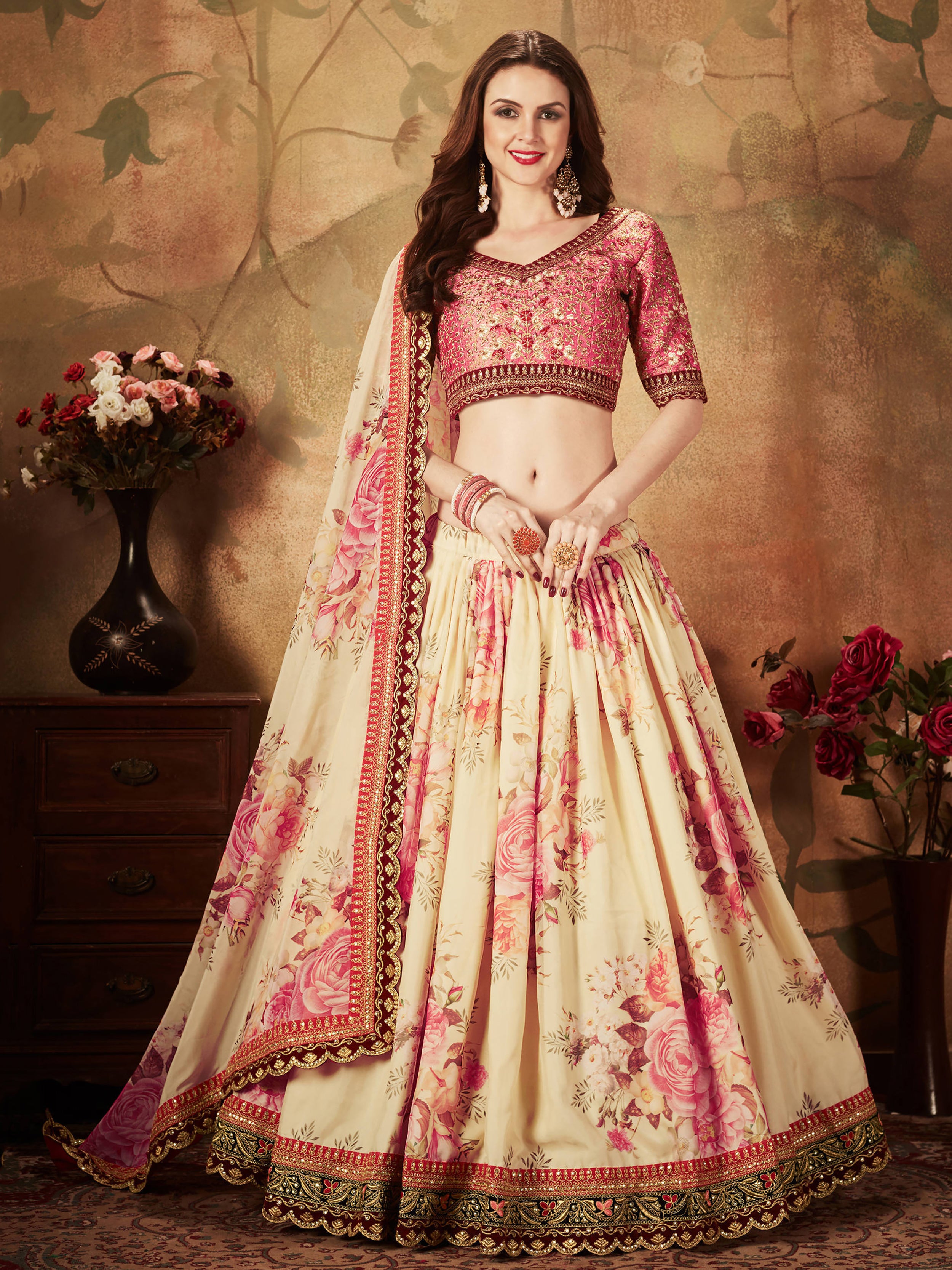 Magnificent Cream Printed Organza Wedding Wear Plus Size Lehenga Choli