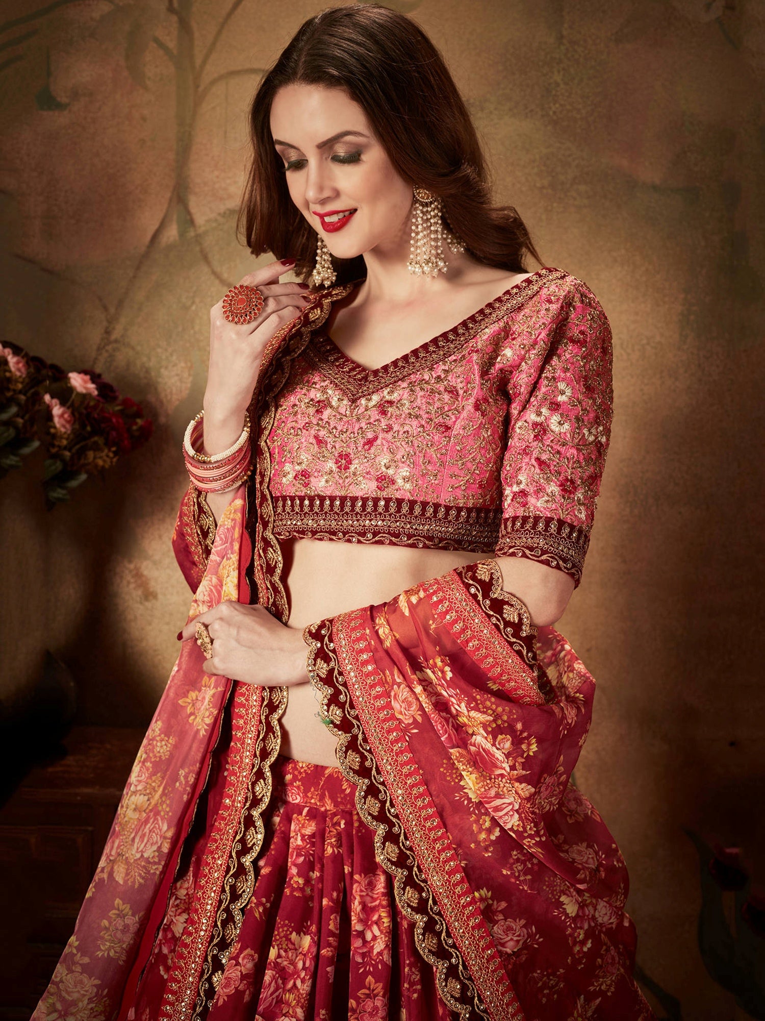 Majestic Maroon Printed Organza Engagement Wear Plus Size Lehenga Choli