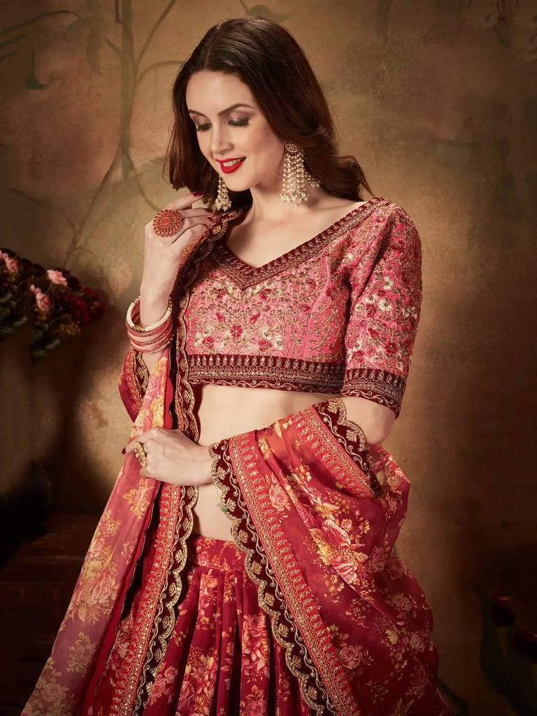 Maroon Floral Digital Printed Organza Bridal Lehenga Choli