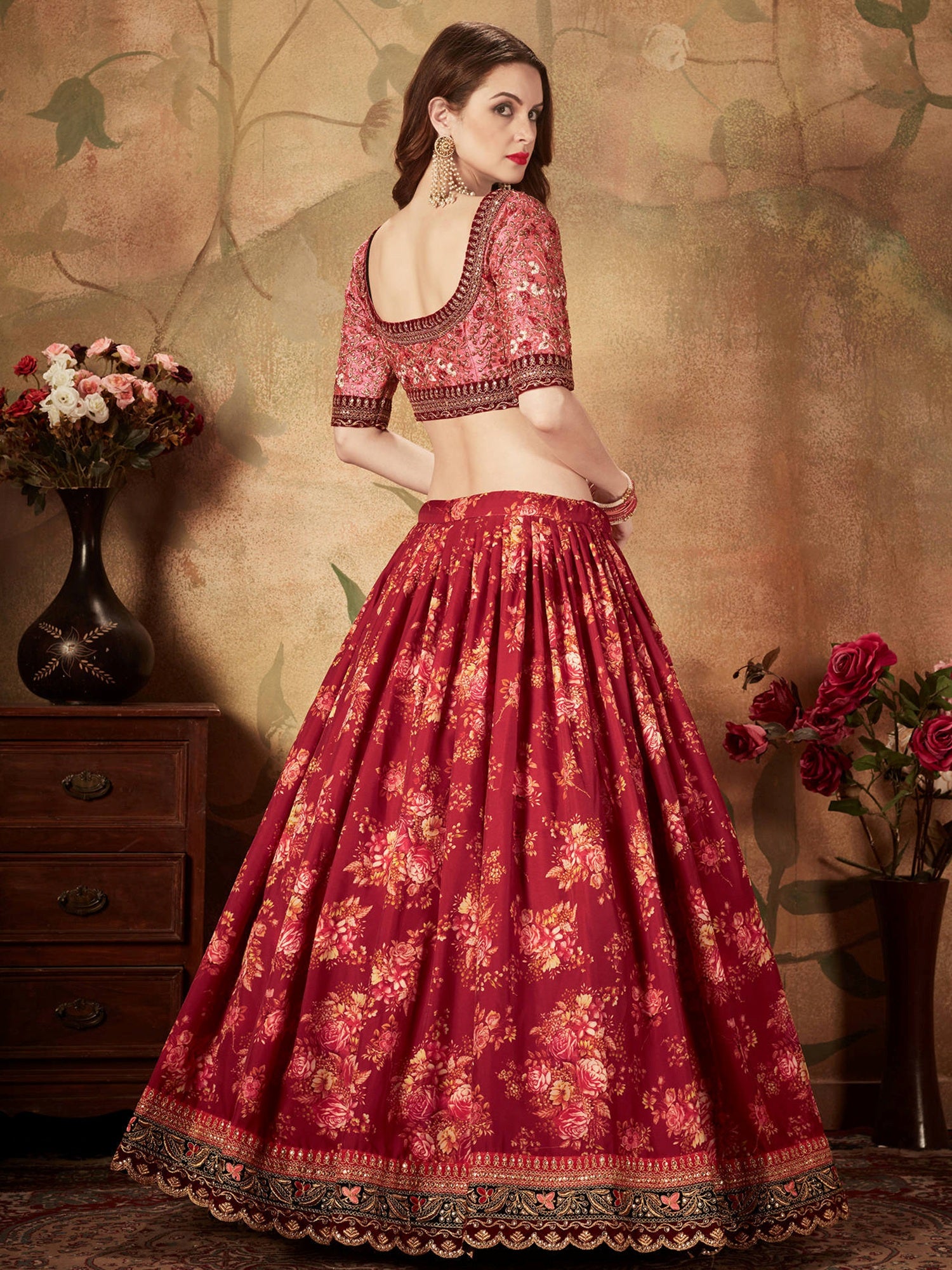 Majestic Maroon Printed Organza Engagement Wear Plus Size Lehenga Choli