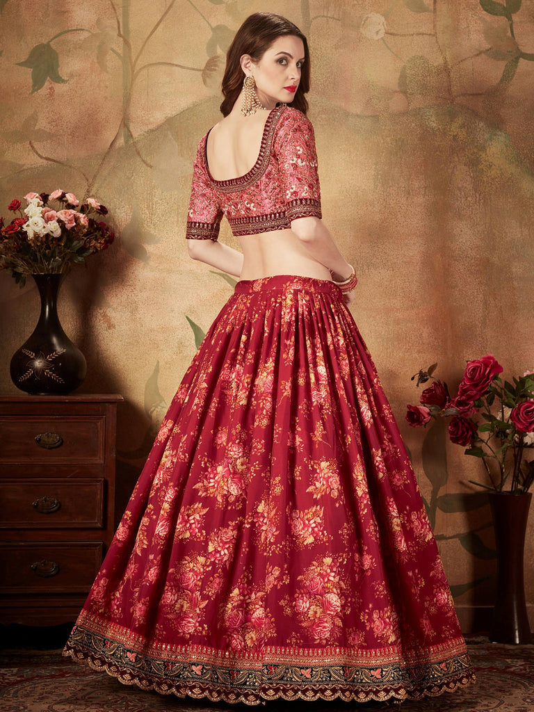 Majestic Maroon Printed Organza Engagement Wear Plus Size Lehenga Choli
