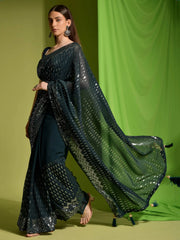 Stunning Teal Blue Georgette Sequins Festive Wear Saree With Blouse