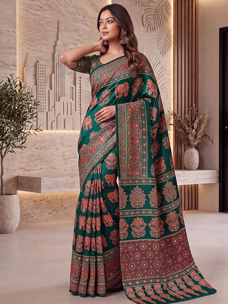 Stunning Green Digital Printed Crepe Silk Mehendi Wear Saree With Blouse