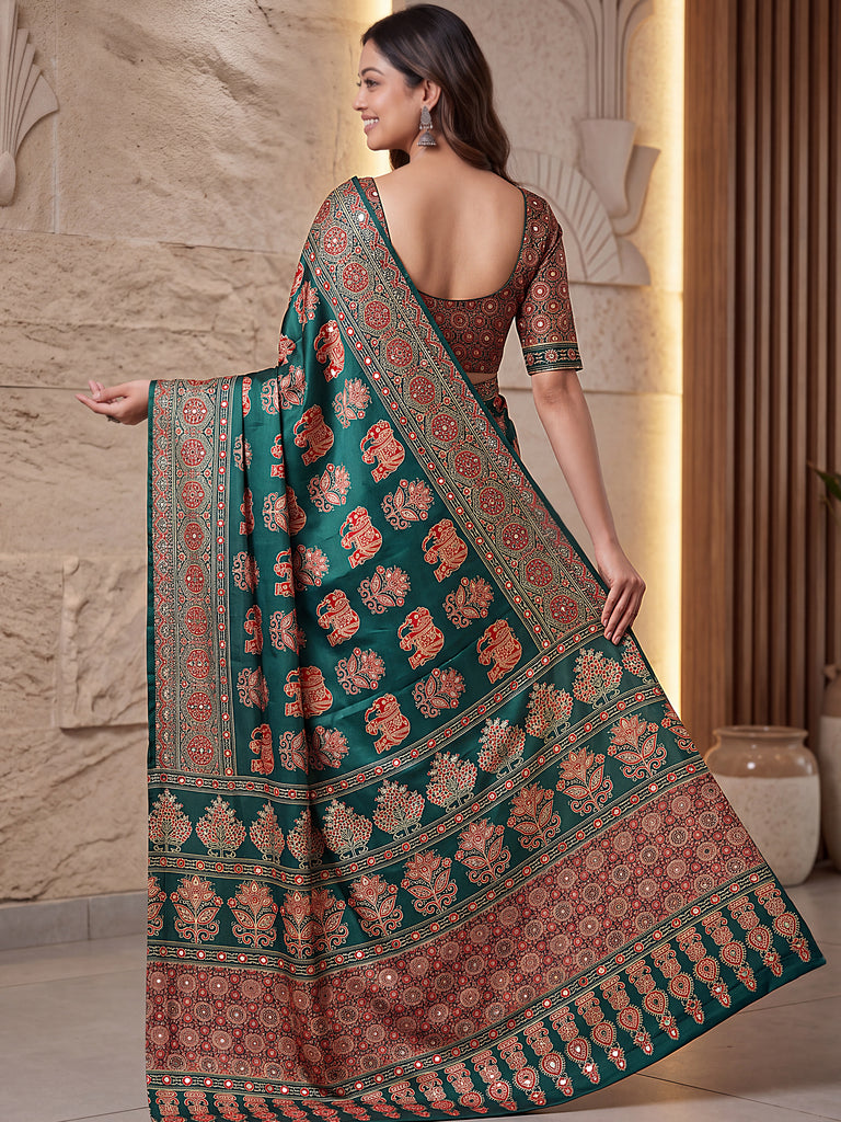 Stunning Green Digital Printed Crepe Silk Mehendi Wear Saree With Blouse