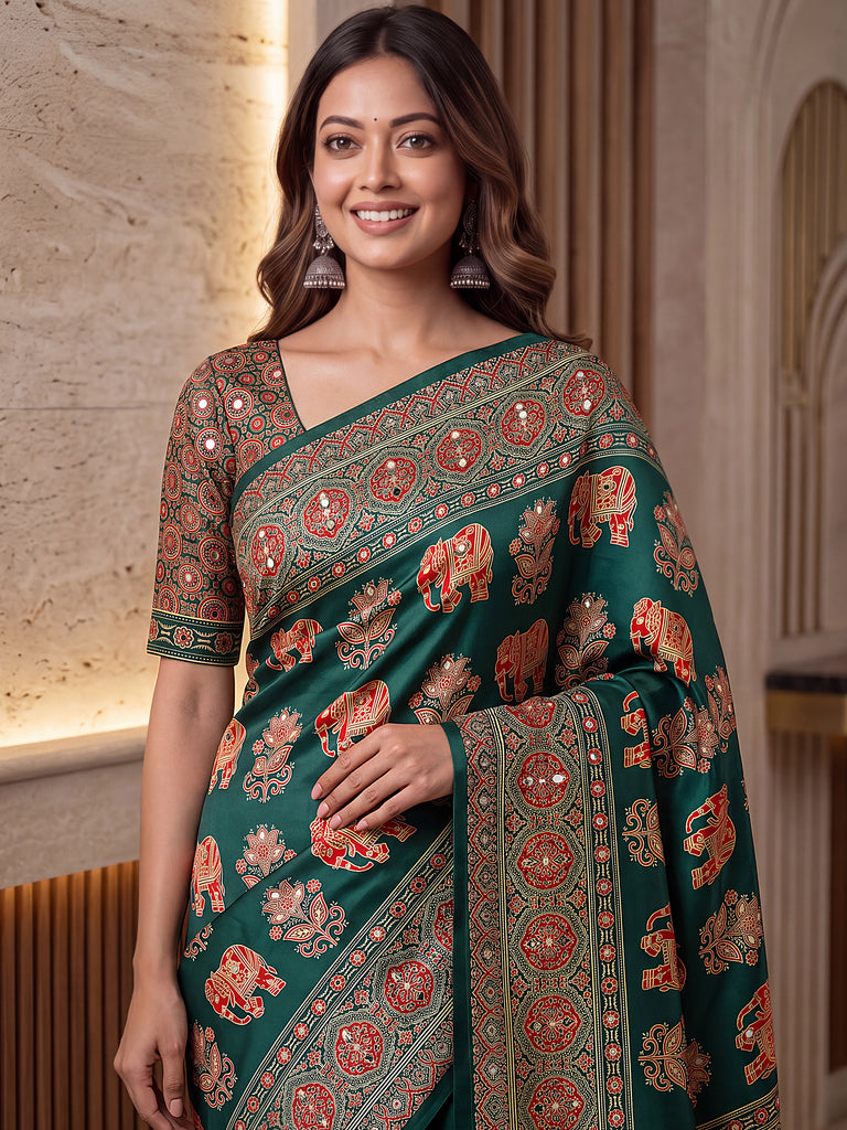 Stunning Green Digital Printed Crepe Silk Mehendi Wear Saree With Blouse
