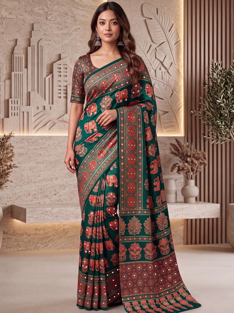 Stunning Green Digital Printed Crepe Silk Mehendi Wear Saree With Blouse