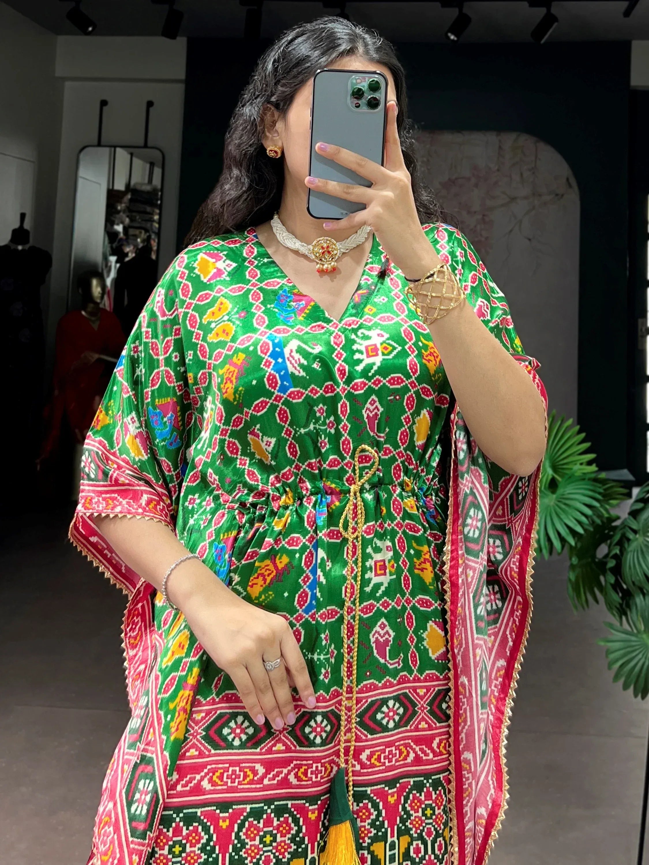 Attractive Green Ikkat Printed Gaji Silk Mehendi Wear Kaftan
