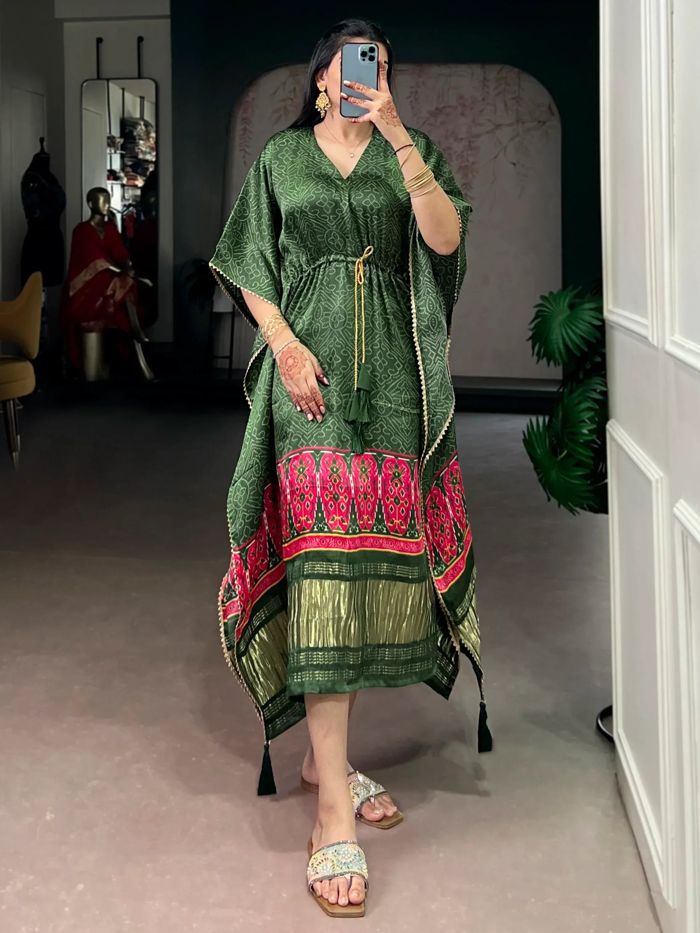 Beautiful Green Gota Laced Gaji Silk Mehendi Wear Kaftan