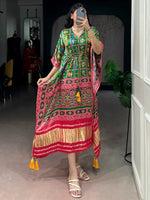 Attractive Green Ikkat Printed Gaji Silk Mehendi Wear Kaftan