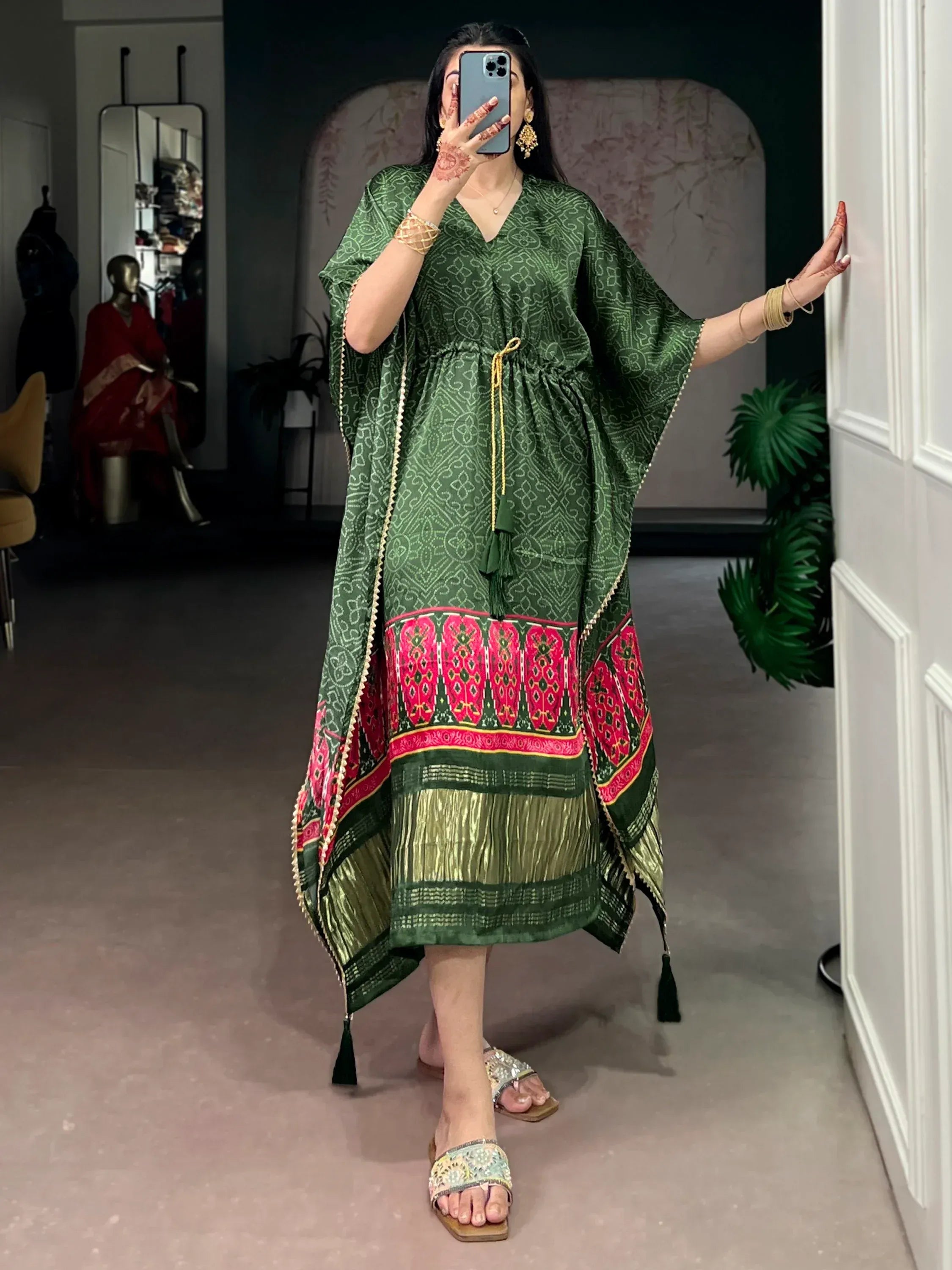 Beautiful Green Gota Laced Gaji Silk Mehendi Wear Kaftan