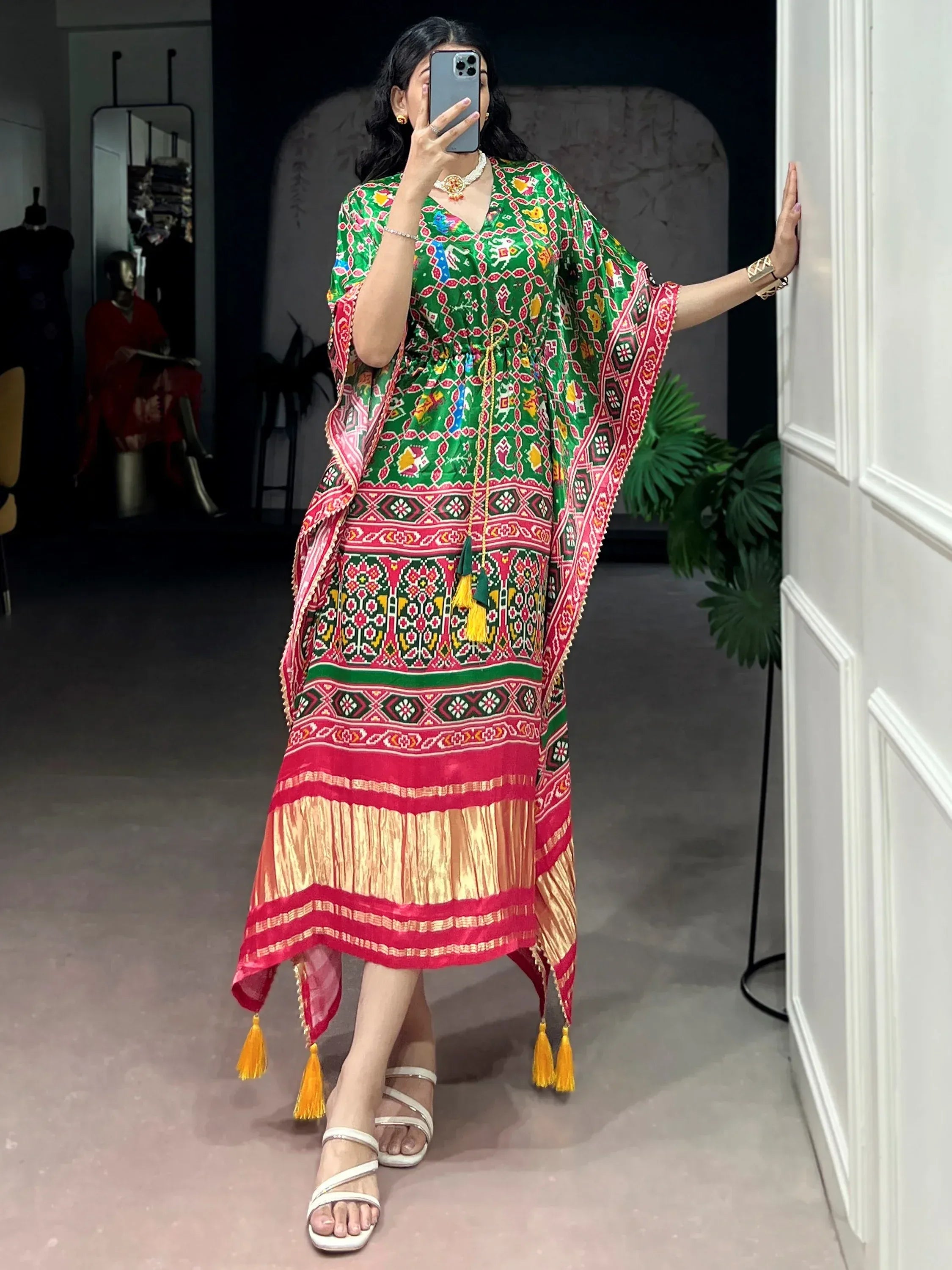 Attractive Green Ikkat Printed Gaji Silk Mehendi Wear Kaftan