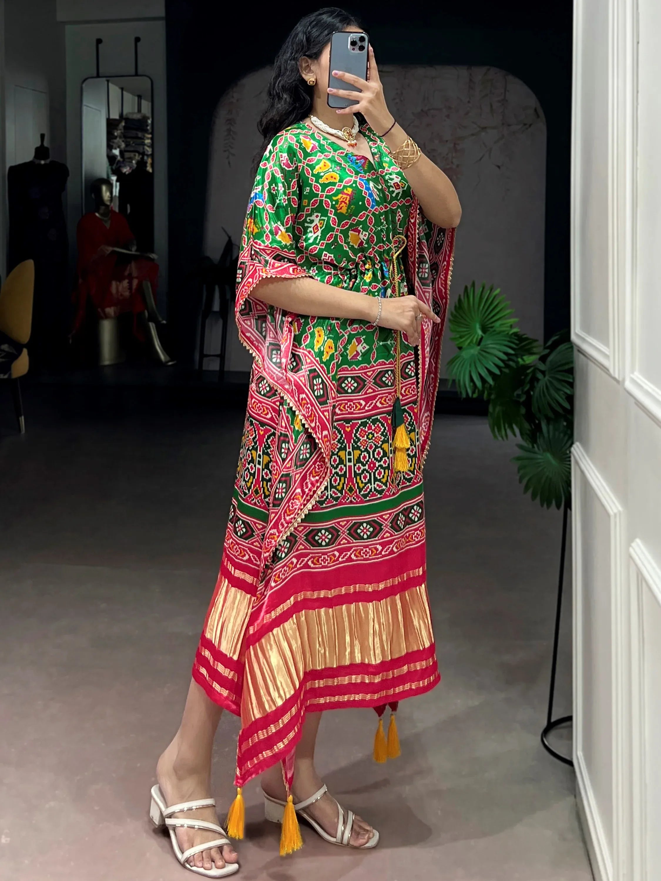 Attractive Green Ikkat Printed Gaji Silk Mehendi Wear Kaftan
