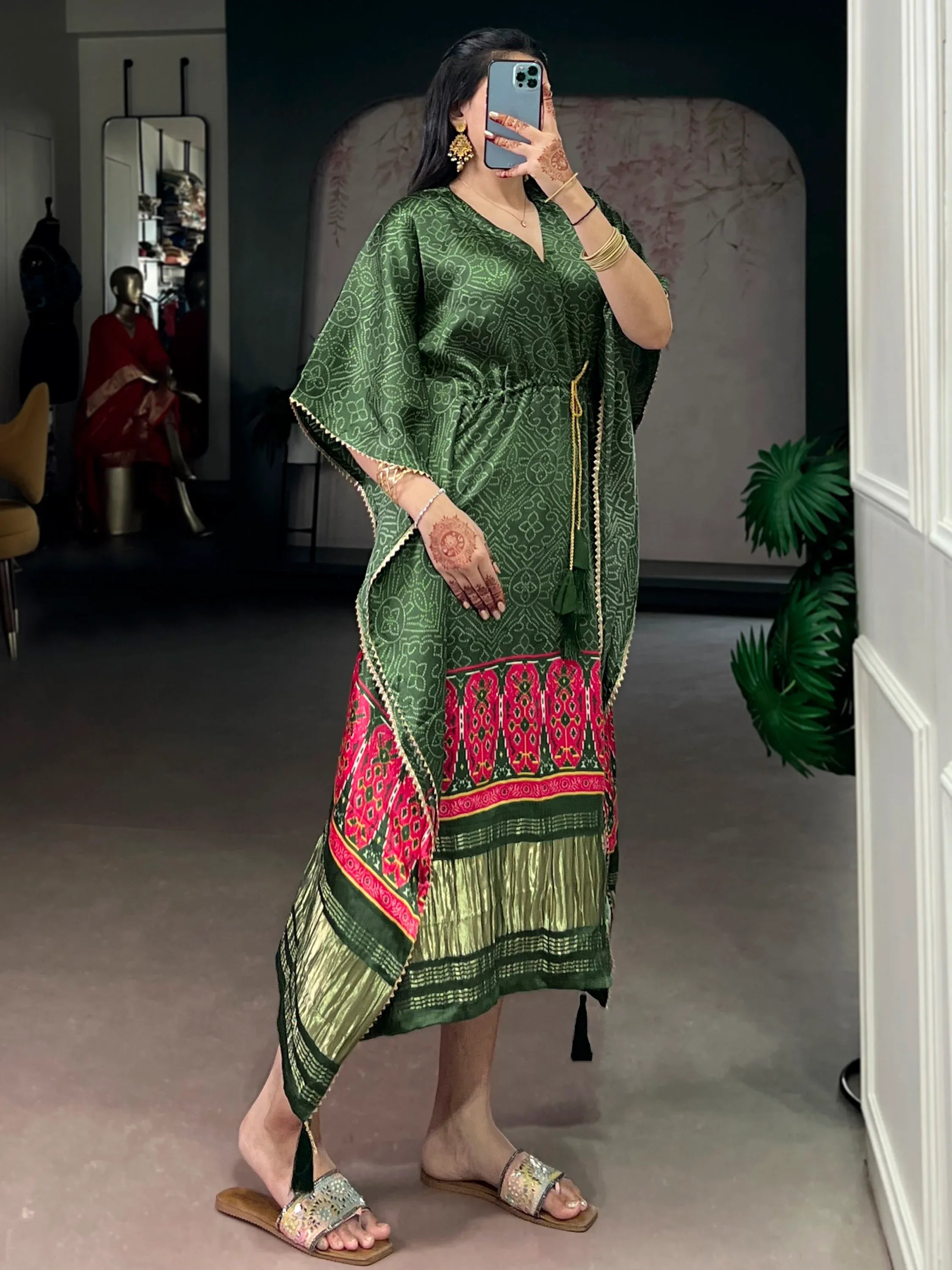 Beautiful Green Gota Laced Gaji Silk Mehendi Wear Kaftan