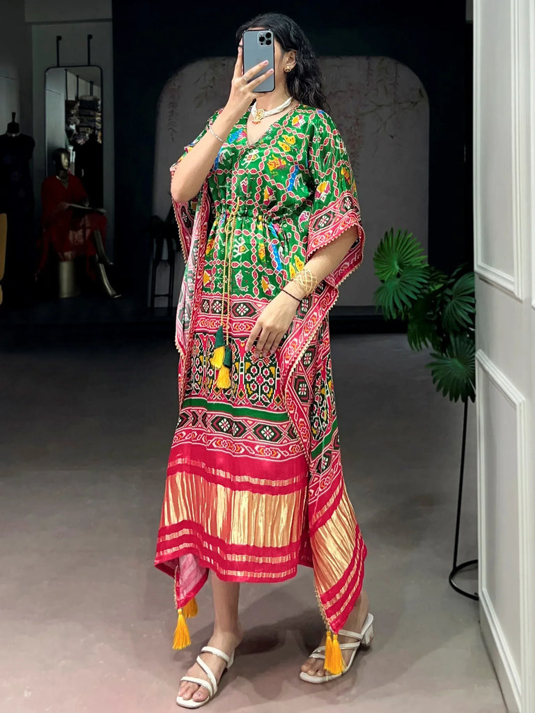 Attractive Green Ikkat Printed Gaji Silk Mehendi Wear Kaftan