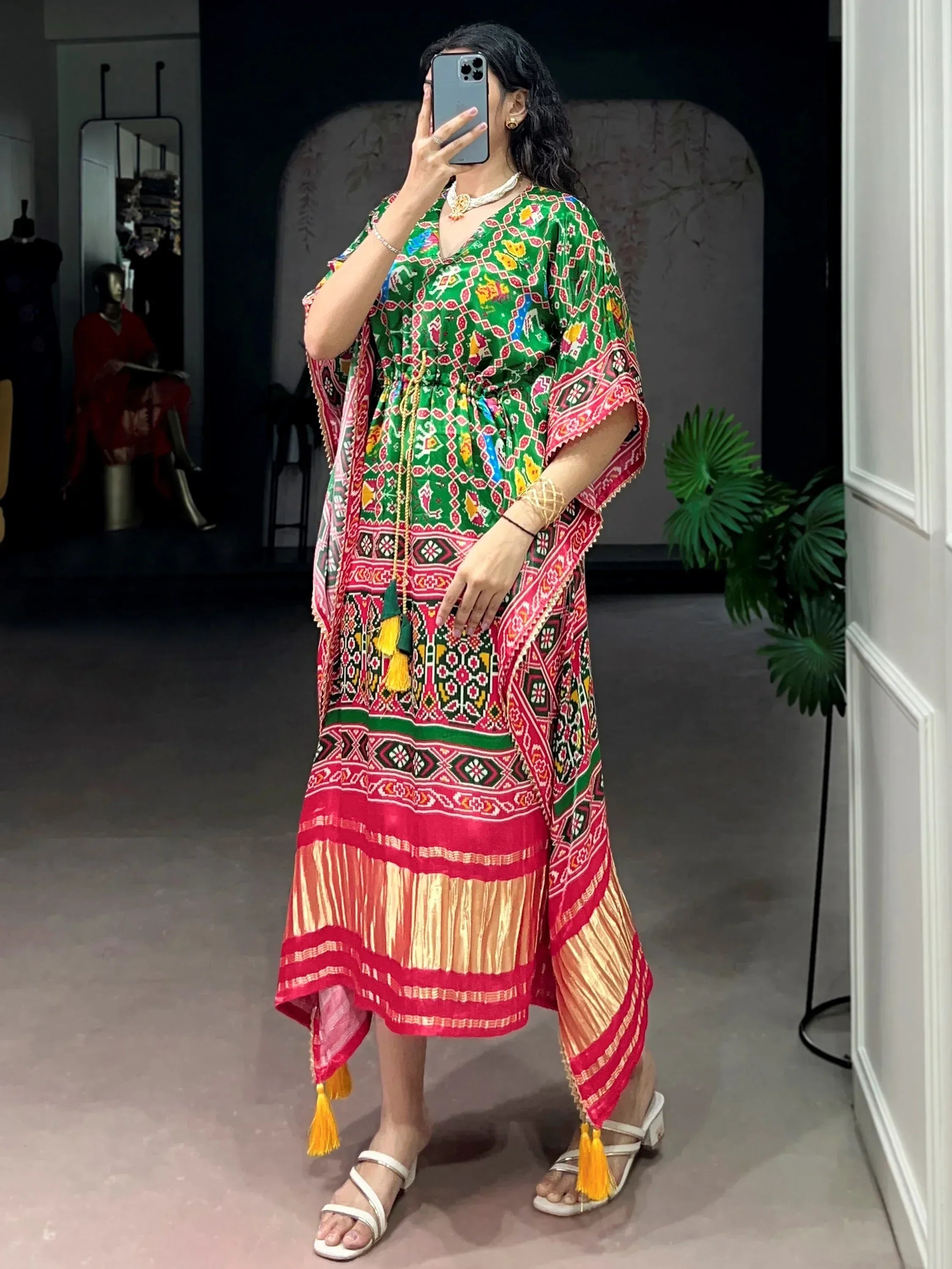 Attractive Green Ikkat Printed Gaji Silk Mehendi Wear Kaftan