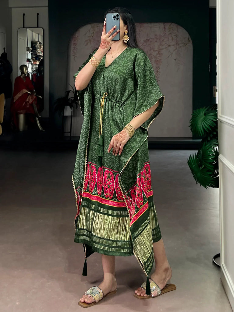 Beautiful Green Gota Laced Gaji Silk Mehendi Wear Kaftan