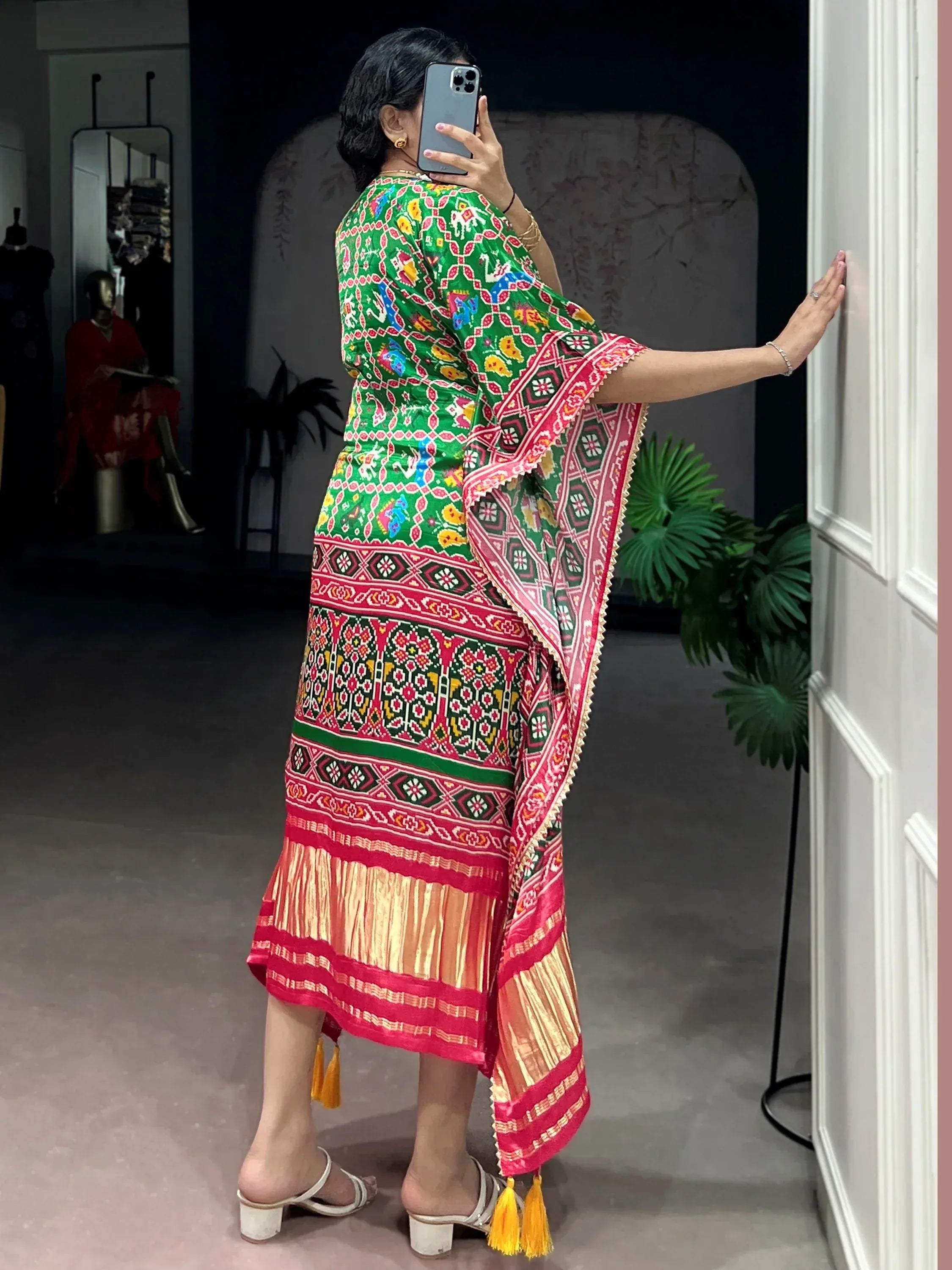 Attractive Green Ikkat Printed Gaji Silk Mehendi Wear Kaftan
