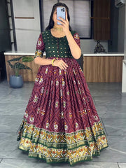 Fantastic Wine & Green Bandhani Printed Silk Event Wear Gown