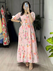 Beautiful White Floral Printed Georgette Casual Wear Dress