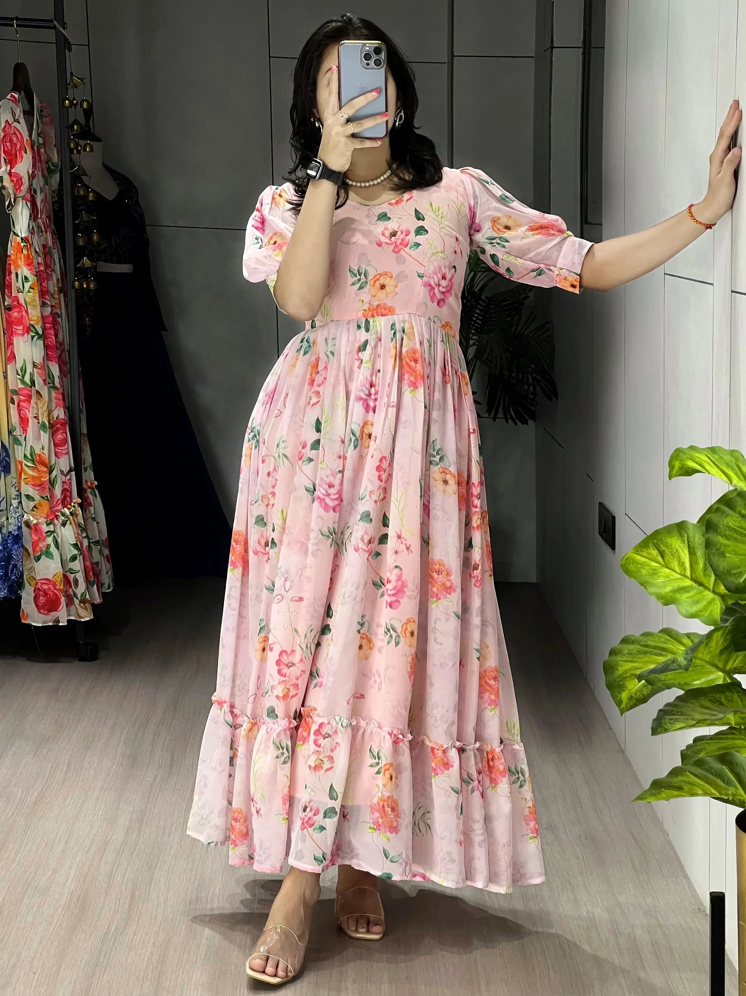 Beautiful White Floral Printed Georgette Casual Wear Dress