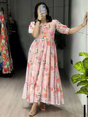 Beautiful White Floral Printed Georgette Casual Wear Dress