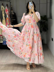 Beautiful White Floral Printed Georgette Casual Wear Dress