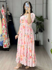 Beautiful White Floral Printed Georgette Casual Wear Dress