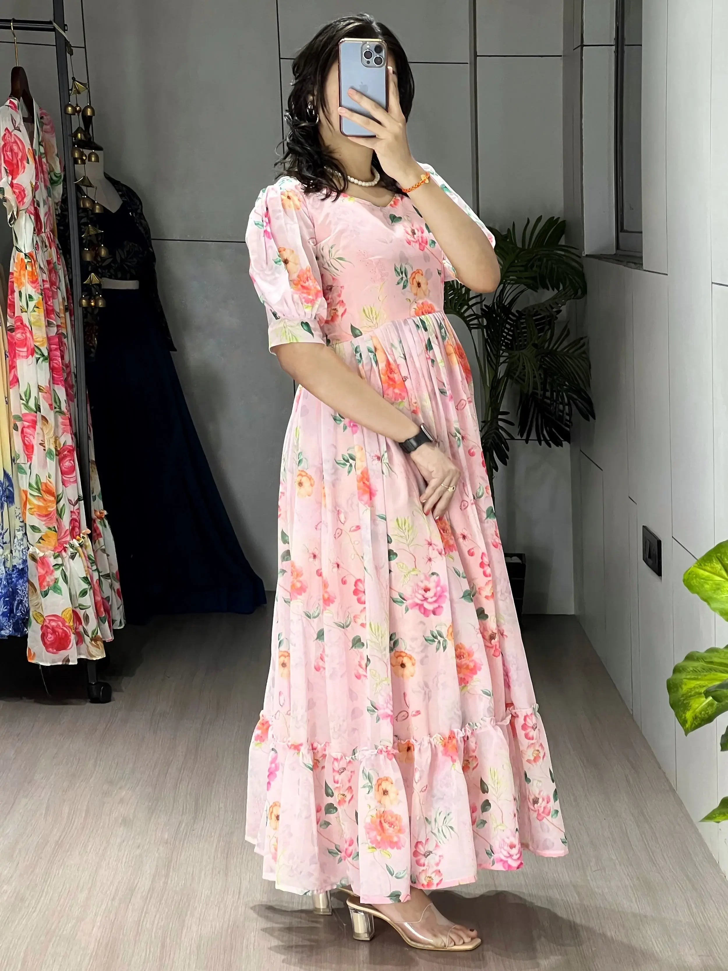 Beautiful White Floral Printed Georgette Casual Wear Dress