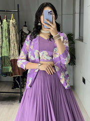 Pretty Lavender Printed Georgette Festive Wear Lehenga Choli With Koti 
