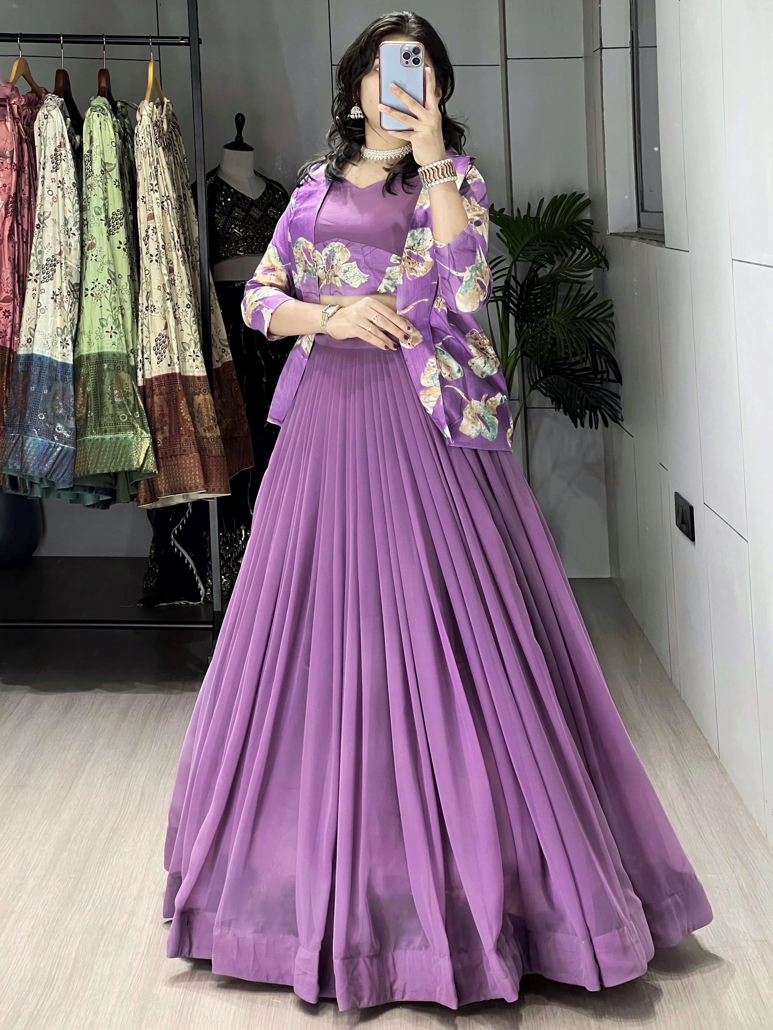 Pretty Lavender Printed Georgette Festive Wear Lehenga Choli With Koti 