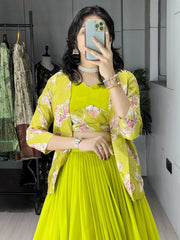 Lovely Green Printed Georgette Festive Wear Lehenga Choli With Koti