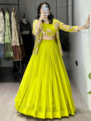 Lovely Green Printed Georgette Festive Wear Lehenga Choli With Koti