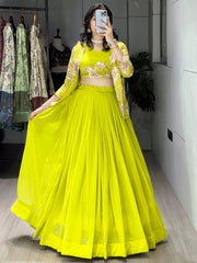 Lovely Green Printed Georgette Festive Wear Lehenga Choli With Koti