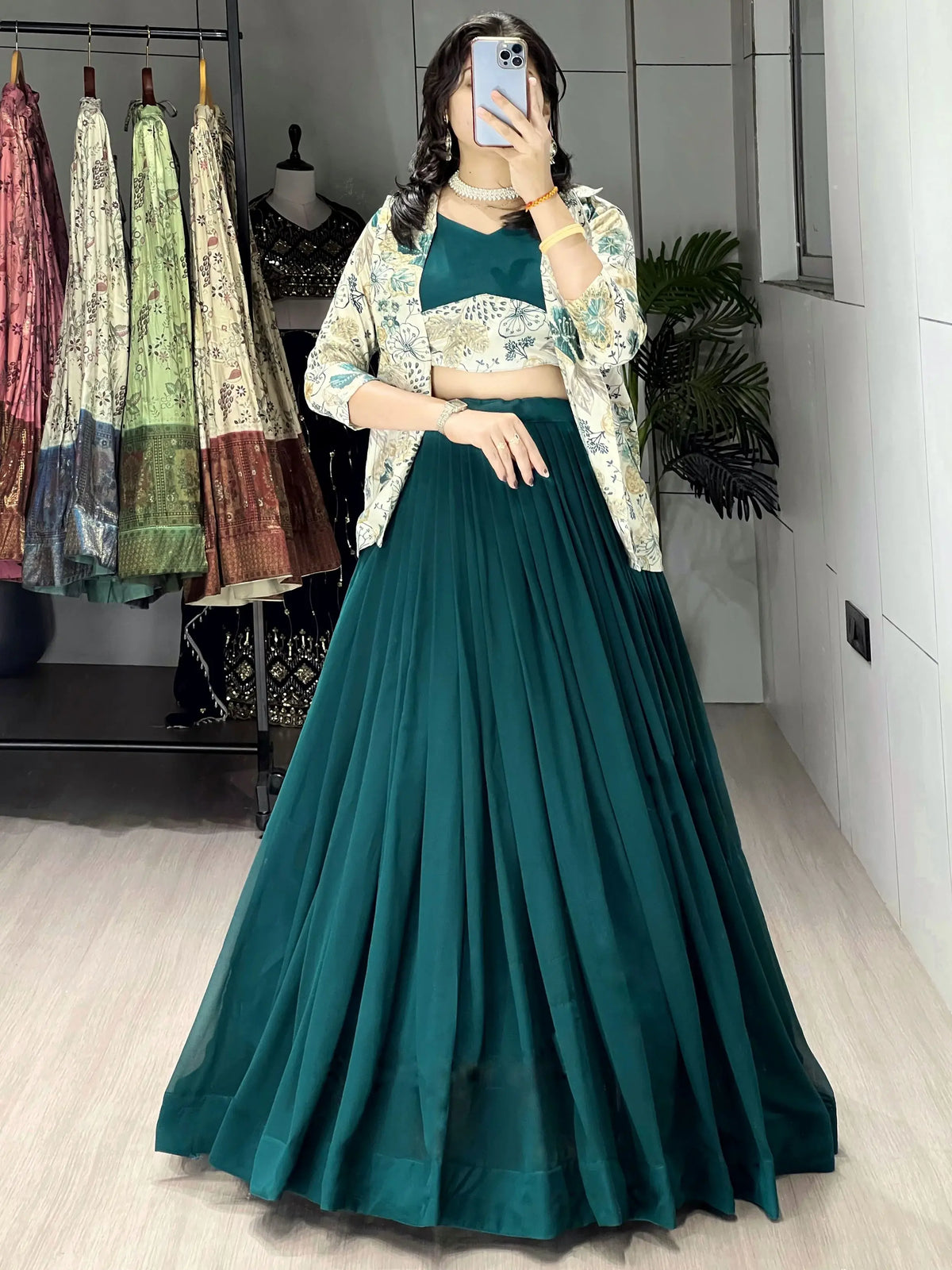 Stunning Green Printed Georgette Festive Wear Lehenga Choli With Koti 