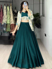 Stunning Green Printed Georgette Festive Wear Lehenga Choli With Koti 