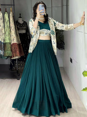 Stunning Green Printed Georgette Festive Wear Lehenga Choli With Koti 