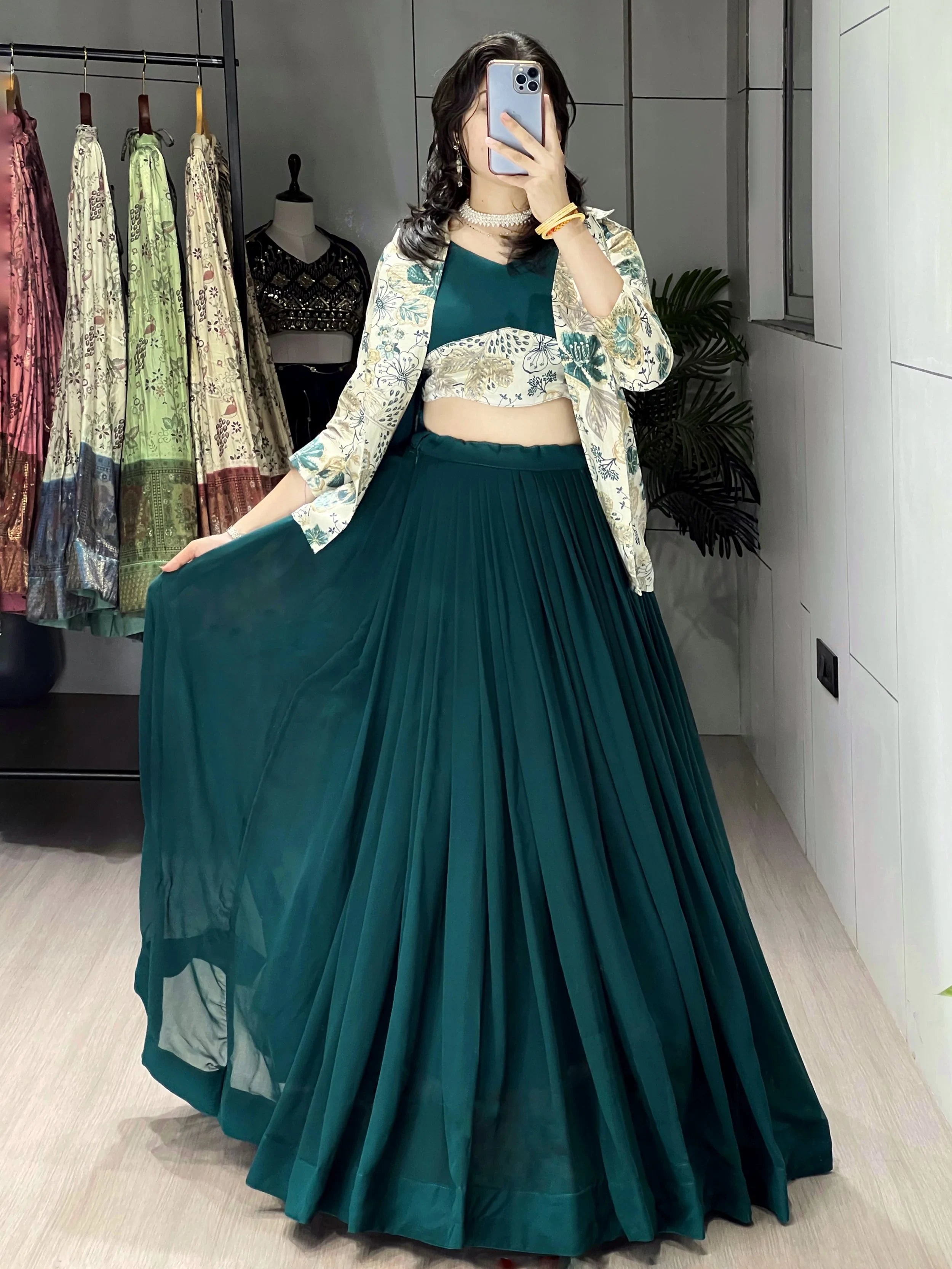 Stunning Green Printed Georgette Festive Wear Lehenga Choli With Koti 