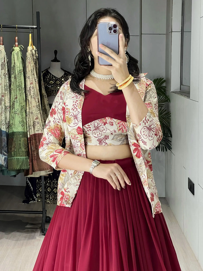 Elegant Maroon Printed Georgette Wedding Wear Lehenga Choli With Koti 