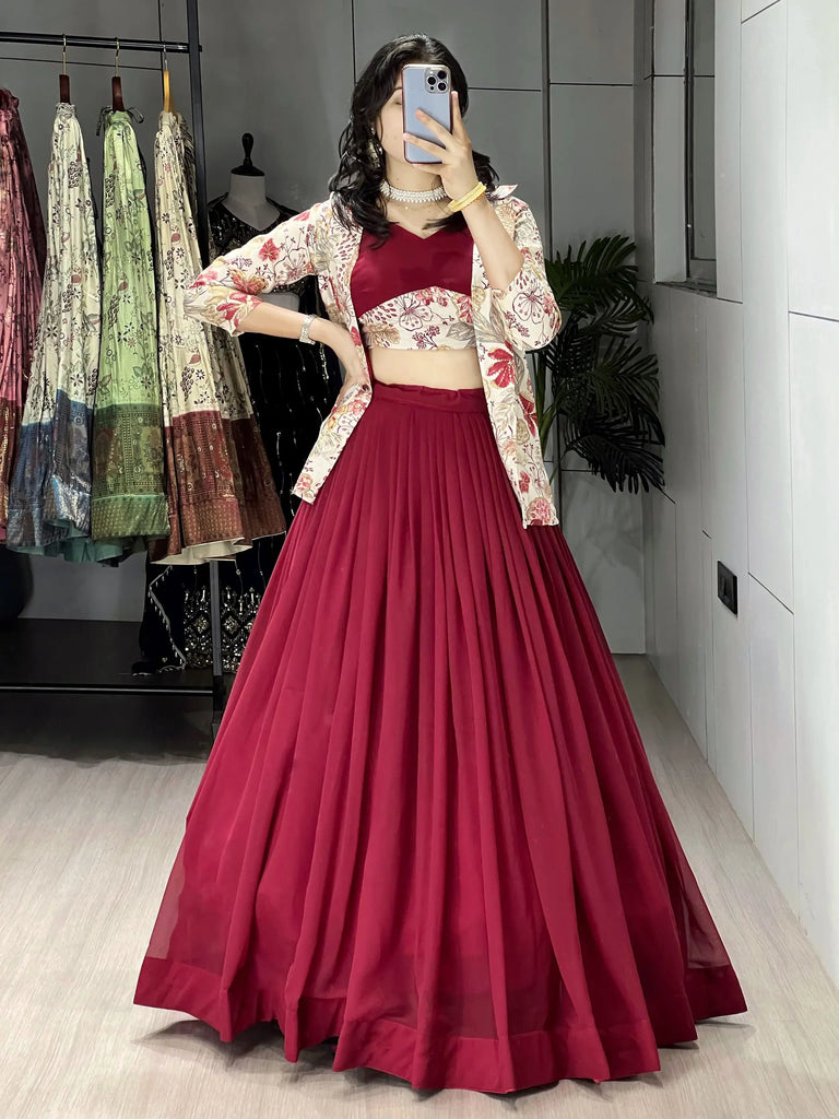 Elegant Maroon Printed Georgette Wedding Wear Lehenga Choli With Koti 