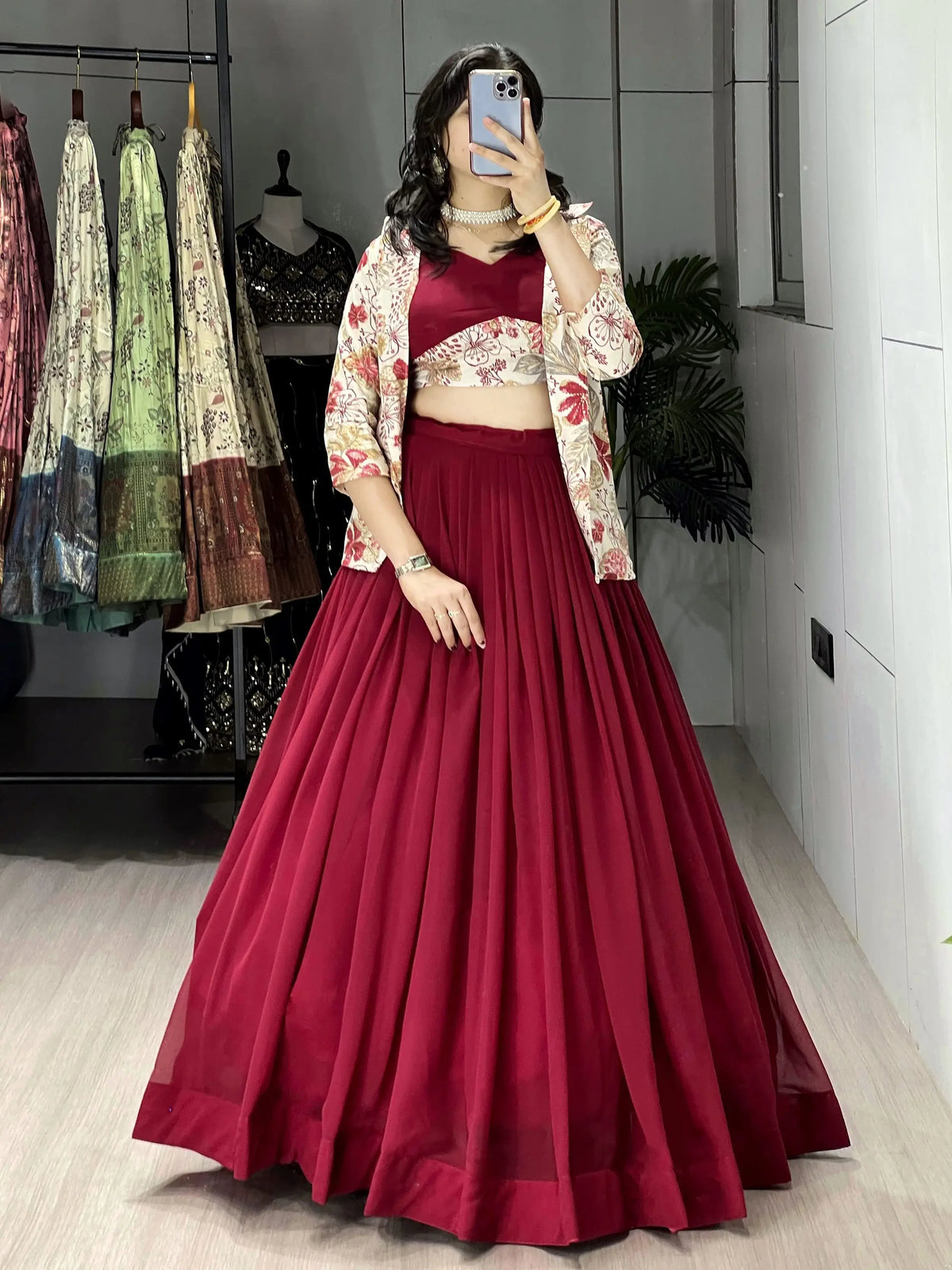 Elegant Maroon Printed Georgette Wedding Wear Lehenga Choli With Koti 