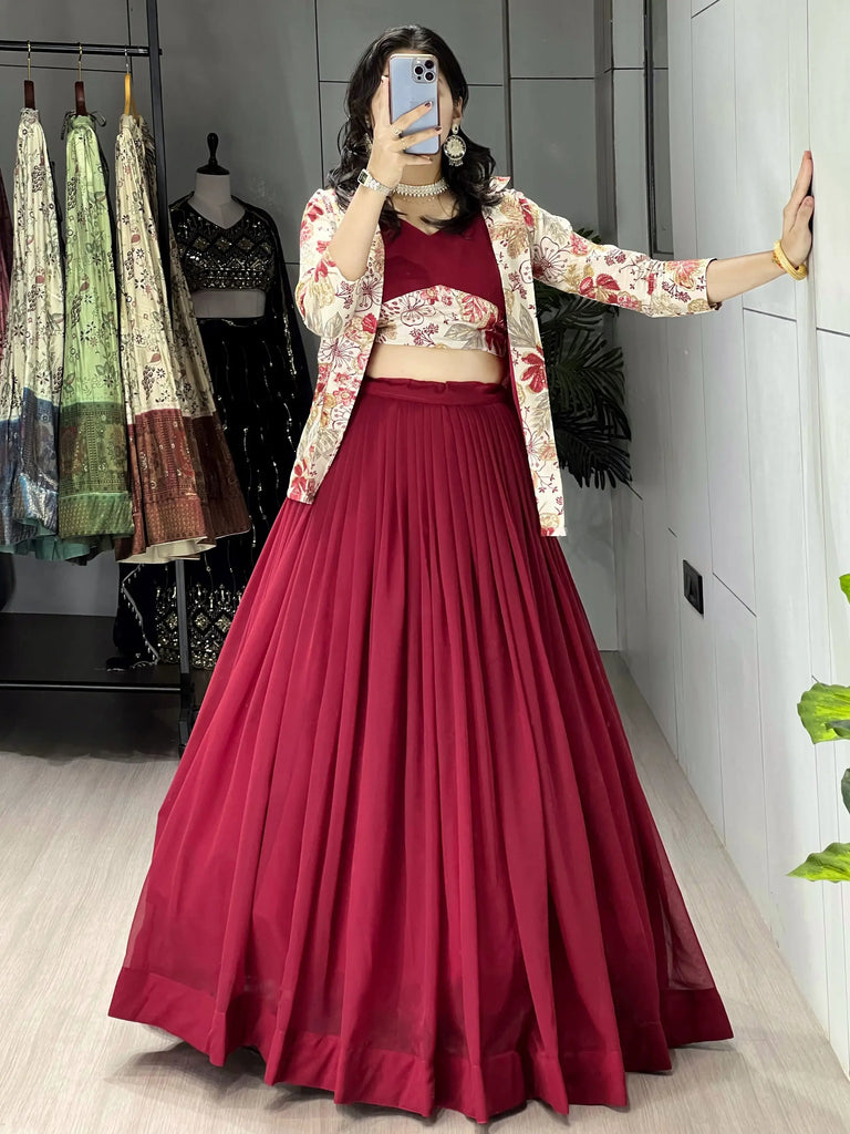 Elegant Maroon Printed Georgette Wedding Wear Lehenga Choli With Koti 