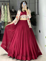 Elegant Maroon Printed Georgette Wedding Wear Lehenga Choli With Koti 