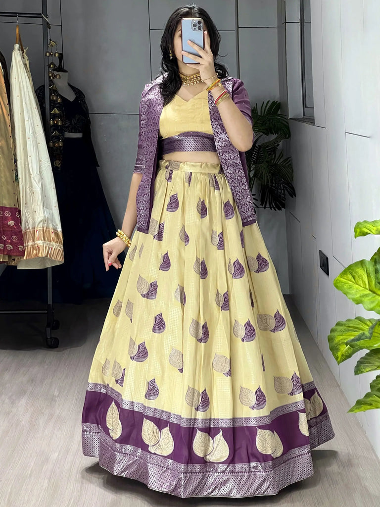 Awesome Yellow Printed Silk Festive Wear Lehenga Choli With Koti 