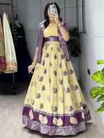 Awesome Yellow Printed Silk Festive Wear Lehenga Choli With Koti